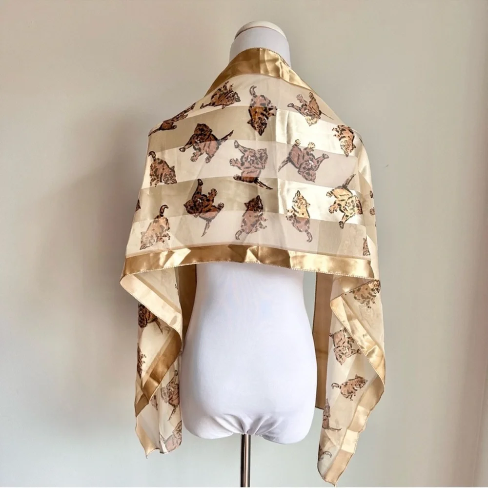 Metallic Gold Cream Chiffon Satin Silky Cat Print Scarf